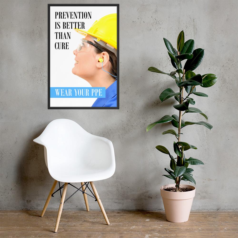 A safety poster showing a close-up of a worker wearing safety glasses, a hard hat, and earplugs with the slogan prevention is better than cure, wear your PPE.