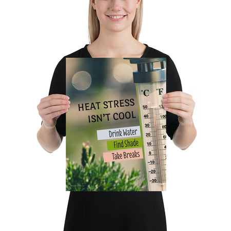 A heat stress safety poster depicting a thermometer outside in the sun showing over one hundred degrees Fahrenheit with safety slogan text next to the thermometer.