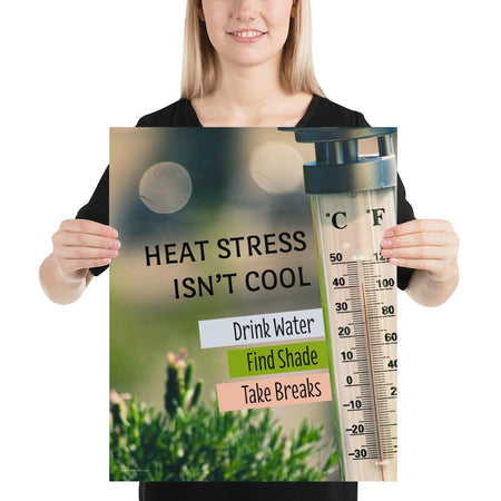 A heat stress safety poster depicting a thermometer outside in the sun showing over one hundred degrees Fahrenheit with safety slogan text next to the thermometer.