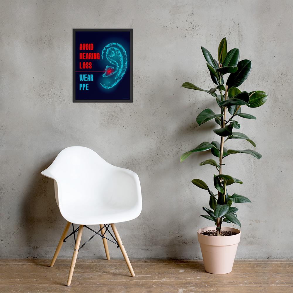 An ear safety poster depicting a geometric illustration of a glowing ear with a glowing red point inside the ear, as if it's been damaged, with a safety slogan to the left.