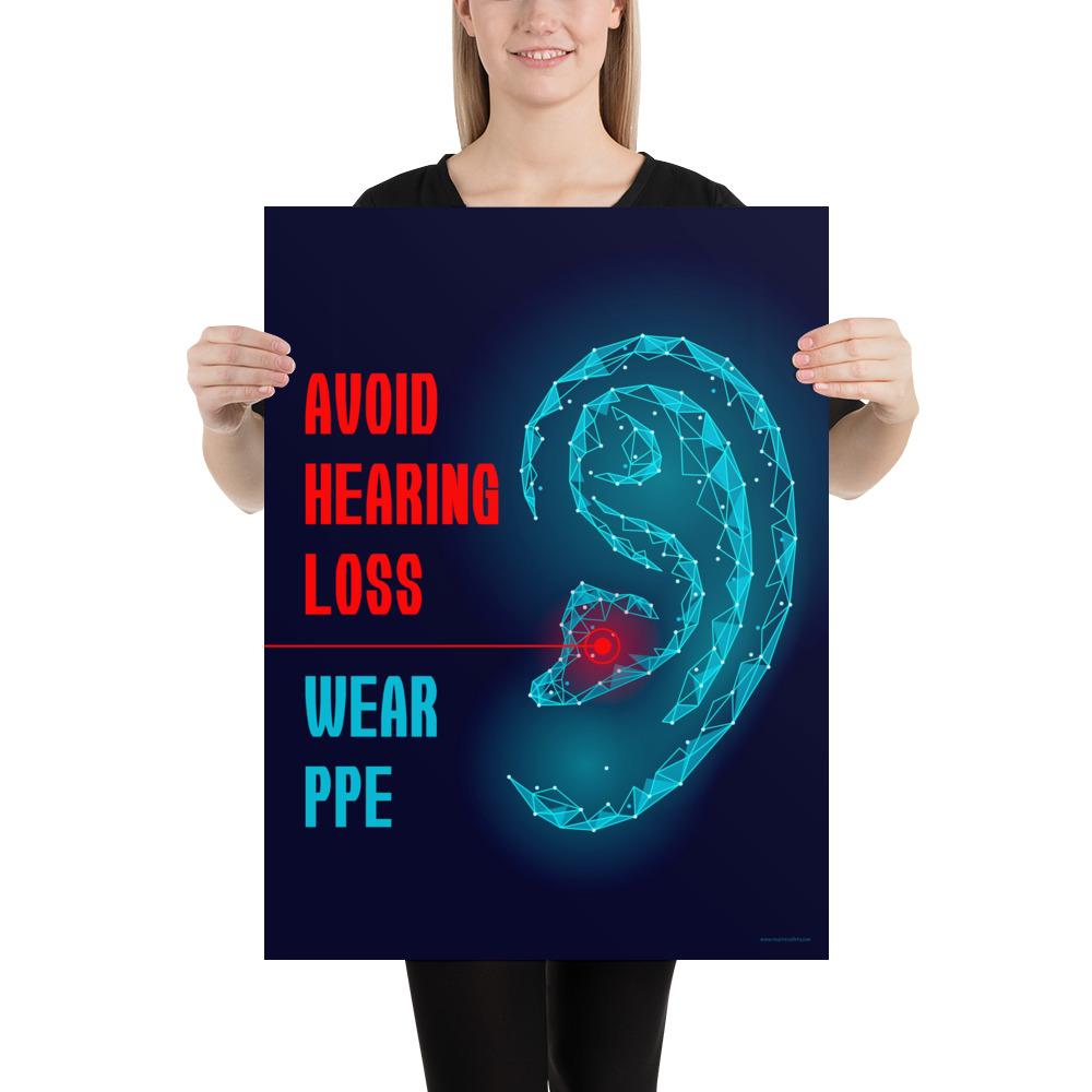 An ear safety poster depicting a geometric illustration of a glowing ear with a glowing red point inside the ear, as if it's been damaged, with a safety slogan to the left.