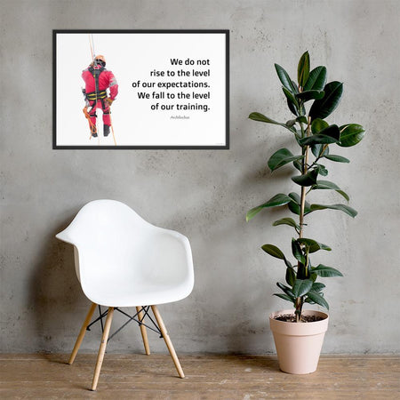 A safety poster showing a worker performing a controlled descent while wearing a fall protection harness on a bright white background with a quote from Archilochus to the right.