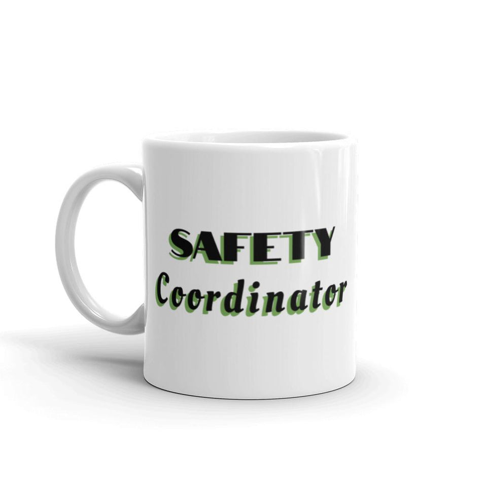 White ceramic mug with "Safety Coordinator" in bold text across the side.