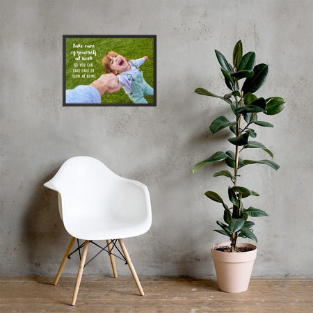 A safety poster showing a young girl laughing and holding her parent's hand while they play outside with the slogan take care of yourself at work so you can take care of them at home.