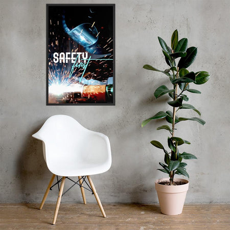 A safety poster showing a close-up of a welder welding a pipe while wearing a welding hood with bright sparks flying all around with the slogan safety first.