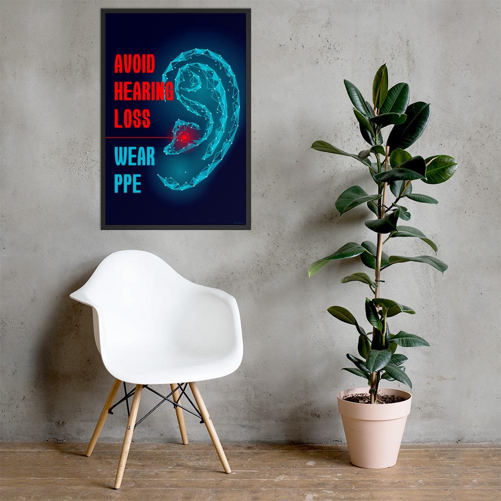 An ear safety poster depicting a geometric illustration of a glowing ear with a glowing red point inside the ear, as if it's been damaged, with a safety slogan to the left.