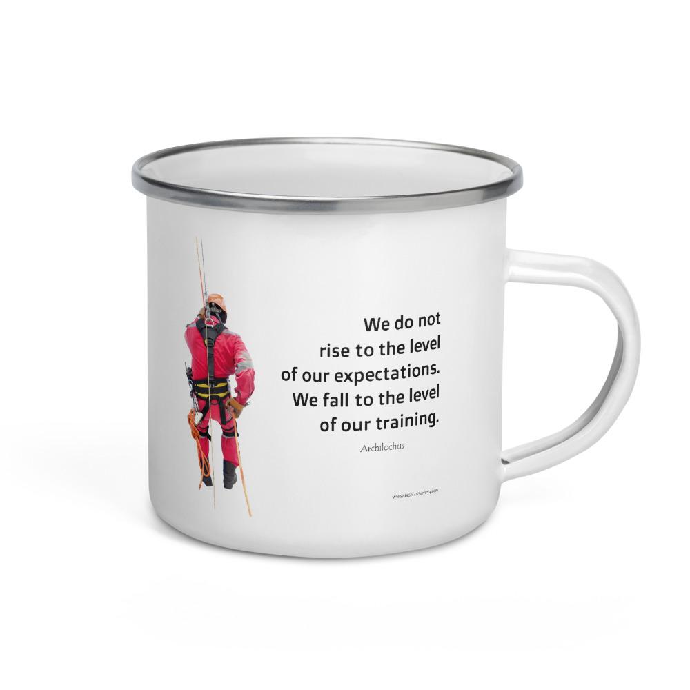 White metal mug with a silver rim with a quote by Archilochus that says "We do not rise to the level of our expectations. We fall to the level of our training." with a man in a safety harness to the side and the Inspire Safety logo on the other side.