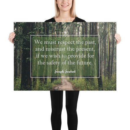 A workplace safety poster of a lush green forest with a footpath cutting directly in the middle winding down the forest with the a safety quote by Joseph Joubert centered on the poster.