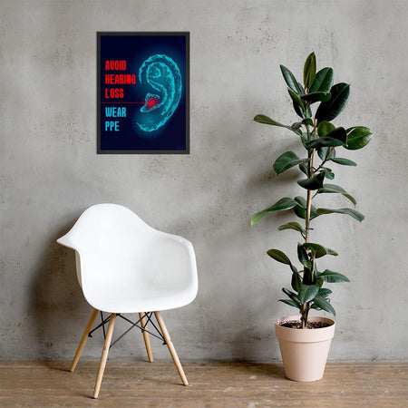 An ear safety poster depicting a geometric illustration of a glowing ear with a glowing red point inside the ear, as if it's been damaged, with a safety slogan to the left.