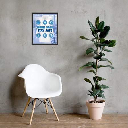 A workplace safety poster showing a blurred blue tinted lab in the background with a bright white lab coat and different blue infographic bubbles of PPE around the slogan work safe, stay safe.