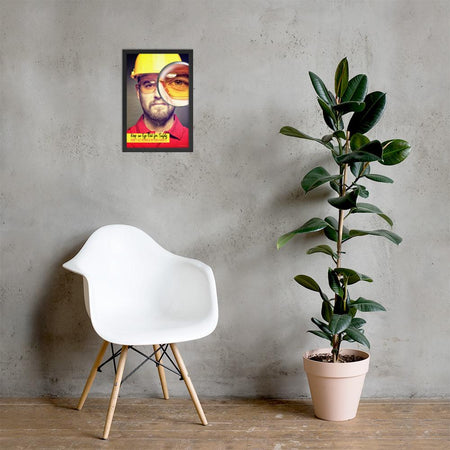 A workplace safety poster showing a portrait of a man wearing a hardhat and safety glasses with a magnifying glass magnifying one eye with the slogan, keep an eye out for safety, don't get blinded by bad habits.