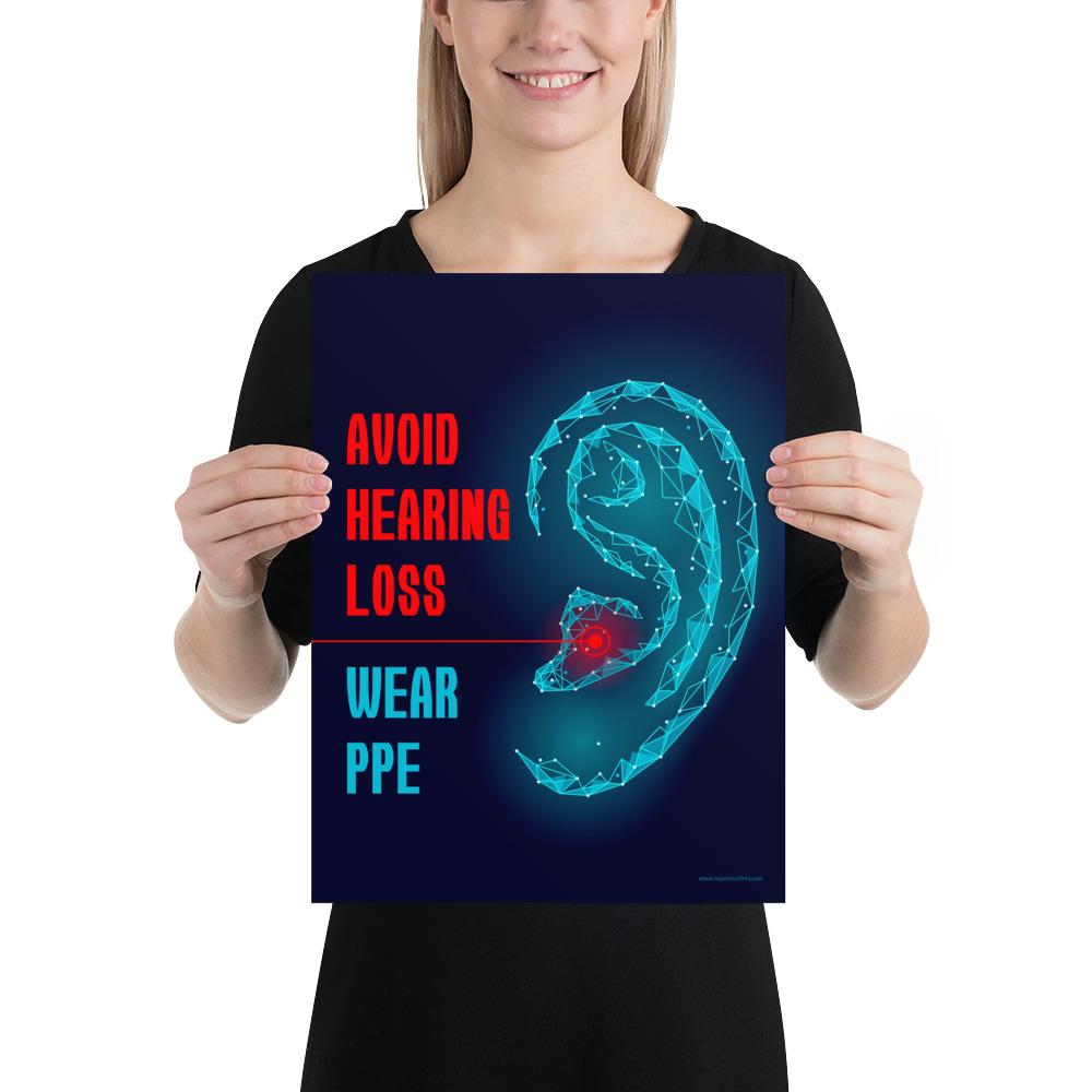 An ear safety poster depicting a geometric illustration of a glowing ear with a glowing red point inside the ear, as if it's been damaged, with a safety slogan to the left.