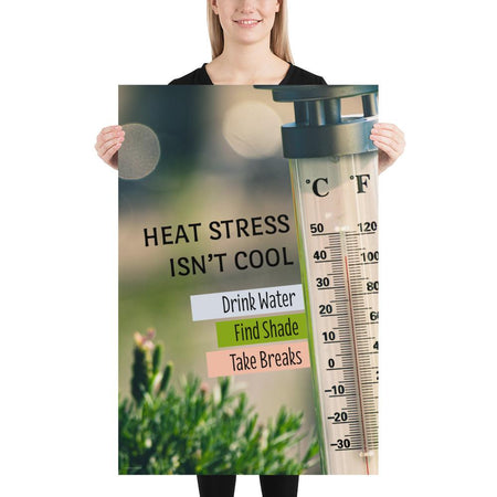 A heat stress safety poster depicting a thermometer outside in the sun showing over one hundred degrees Fahrenheit with safety slogan text next to the thermometer.