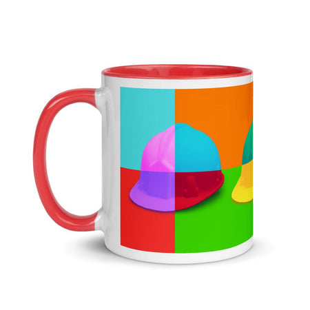 White ceramic mug with a bold hard hat pop art print with red color on the inside, the rim, and the handle.