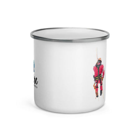 White metal mug with a silver rim with a quote by Archilochus that says "We do not rise to the level of our expectations. We fall to the level of our training." with a man in a safety harness to the side and the Inspire Safety logo on the other side.