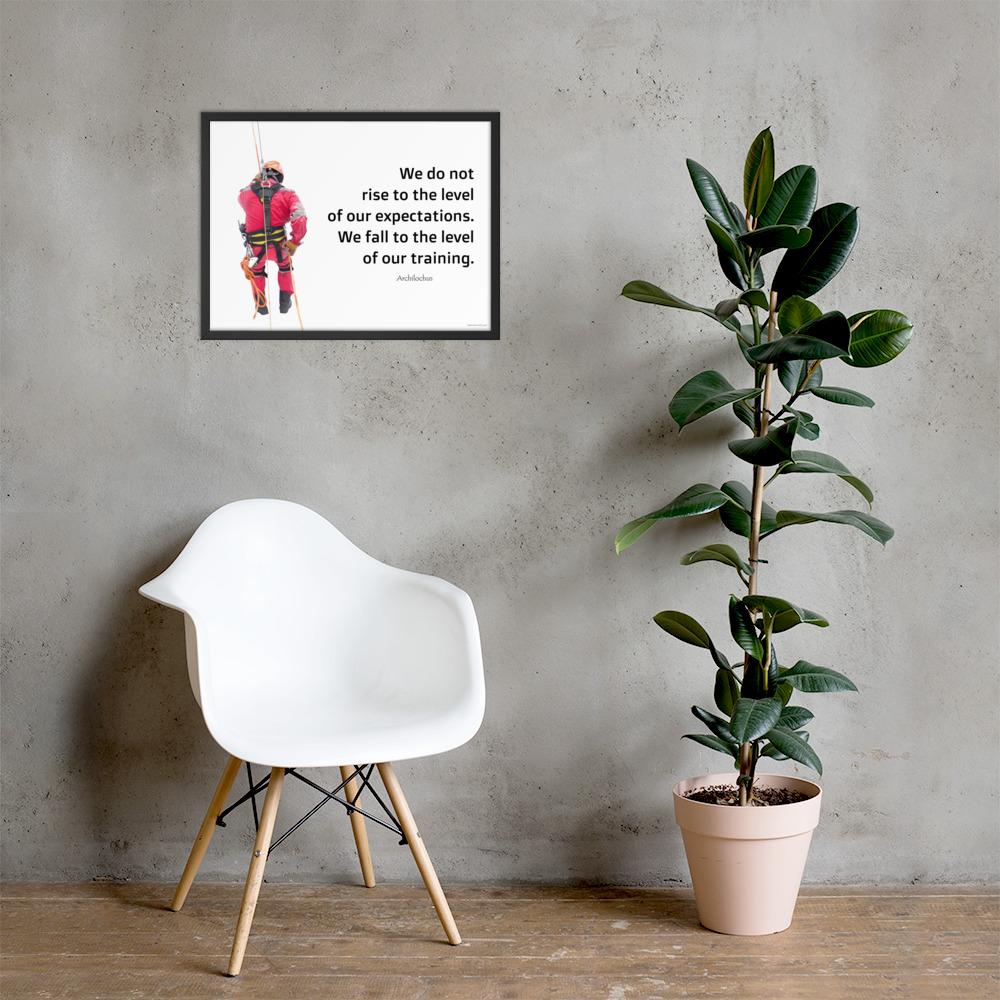 A safety poster showing a worker performing a controlled descent while wearing a fall protection harness on a bright white background with a quote from Archilochus to the right.