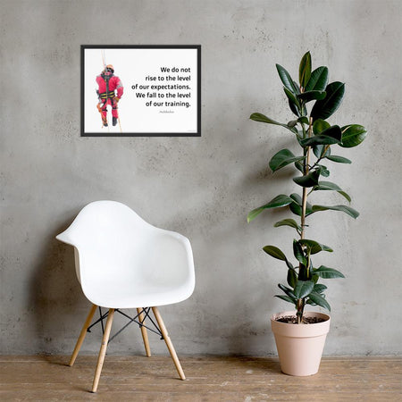 A safety poster showing a worker performing a controlled descent while wearing a fall protection harness on a bright white background with a quote from Archilochus to the right.