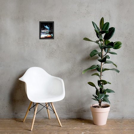 A safety poster showing a close-up of a welder welding a pipe while wearing a welding hood with bright sparks flying all around with the slogan safety first.