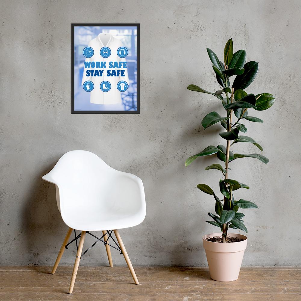 A workplace safety poster showing a blurred blue tinted lab in the background with a bright white lab coat and different blue infographic bubbles of PPE around the slogan work safe, stay safe.