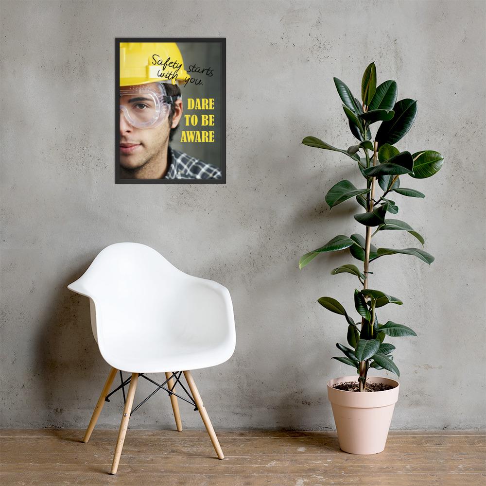 Safety poster showing a close up on half of a man's face wearing a yellow hard hat and safety glasses with text to the right.