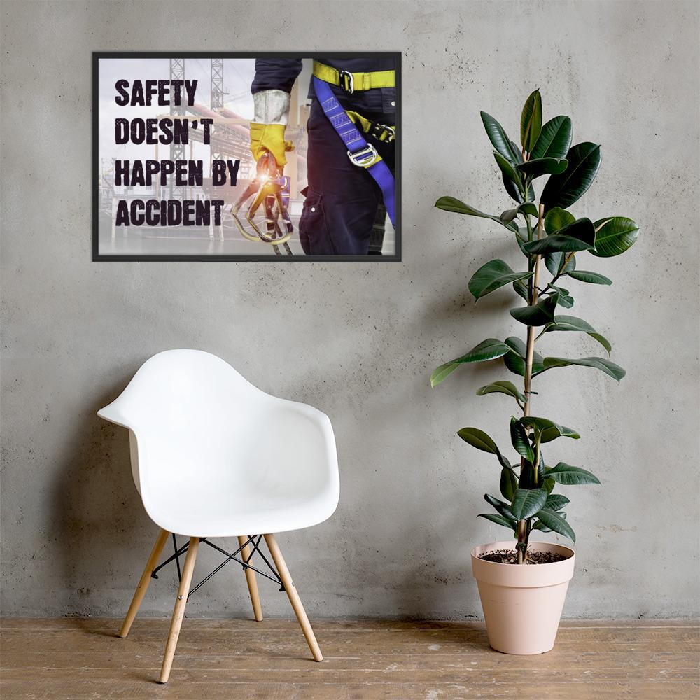 Safety poster that shows a construction worker wearing fall protection equipment with bridge in the background and a safety slogan in bold letters.