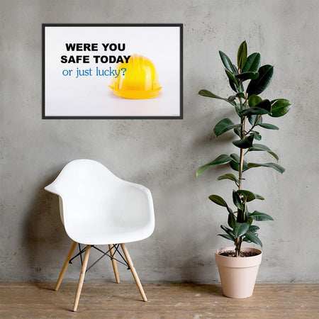 A workplace safety poster showing a yellow hard hat on a plain white background with the slogan were you safe today, or just lucky?
