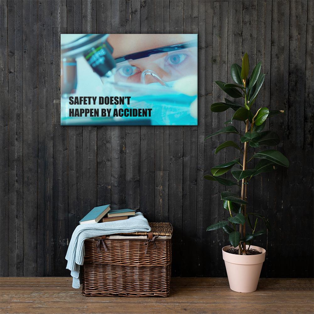 Safety poster of a close up of a woman's eyes wearing safety glasses inspecting a sample on a microscope with safety slogan written at the bottom.