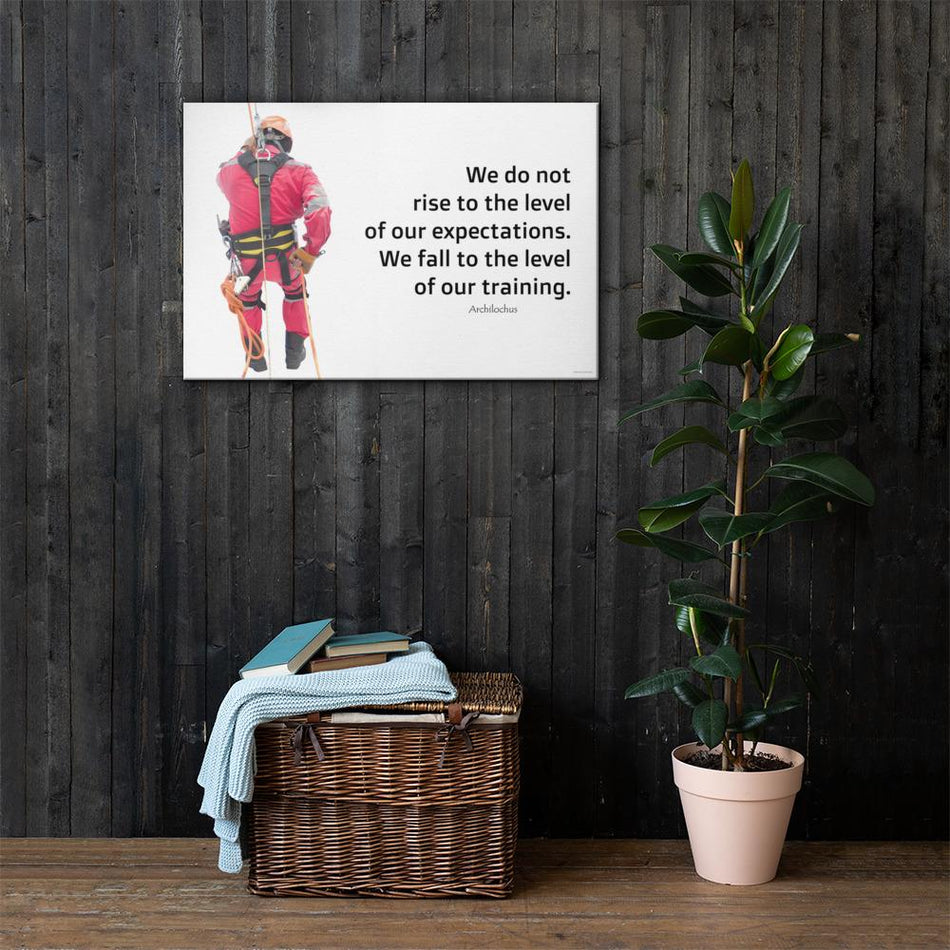 A safety poster showing a worker performing a controlled descent while wearing a fall protection harness on a bright white background with a quote from Archilochus to the right.