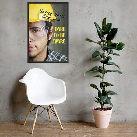 Safety poster showing a close up on half of a man's face wearing a yellow hard hat and safety glasses with text to the right.