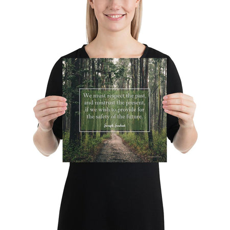A workplace safety poster of a lush green forest with a footpath cutting directly in the middle winding down the forest with the a safety quote by Joseph Joubert centered on the poster.