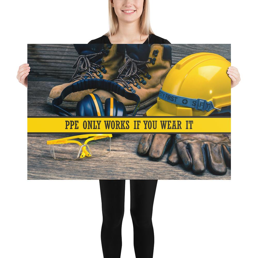 A safety poster showing a close-up of various PPE including safety glasses, ear muffs, gloves, a hard hat, and work boots with the slogan PPE only works if you wear it.