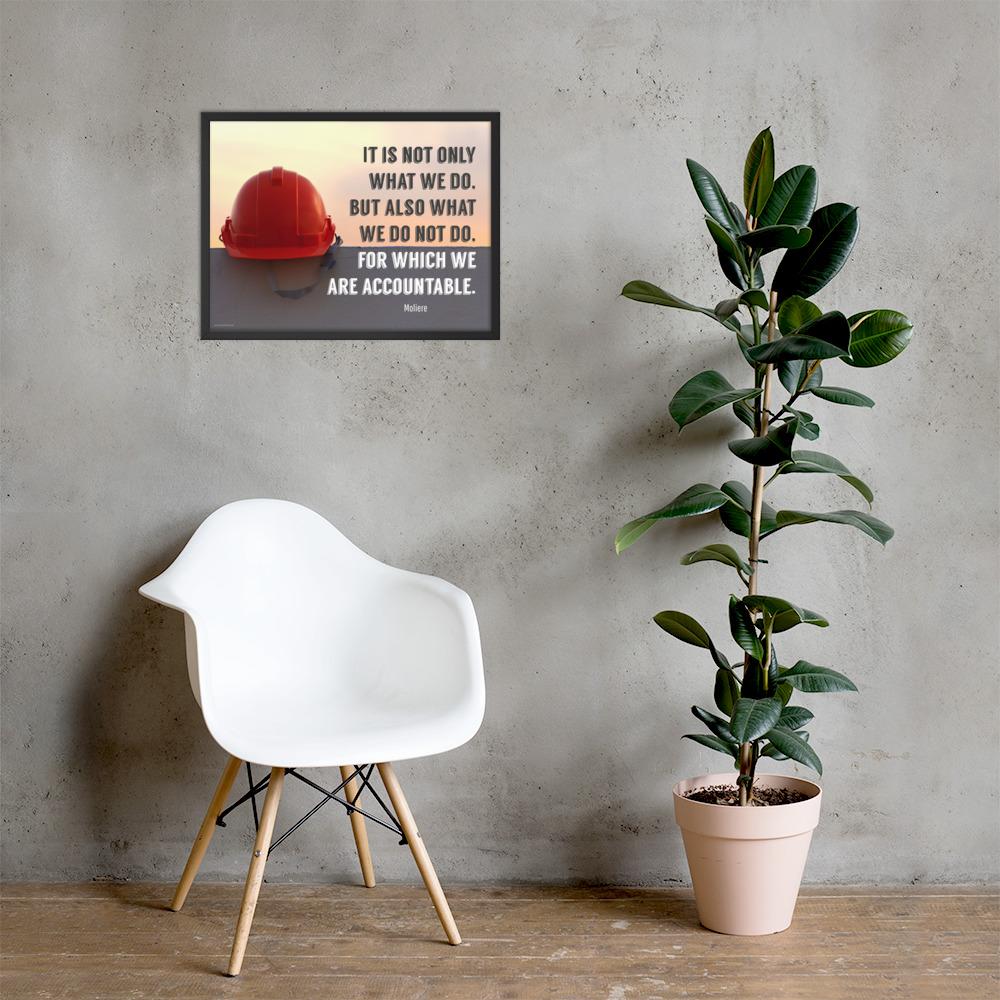 Safety poster showing a bright red hard hat sitting on concrete with sunny sky in background and a safety quote written in bold letters.