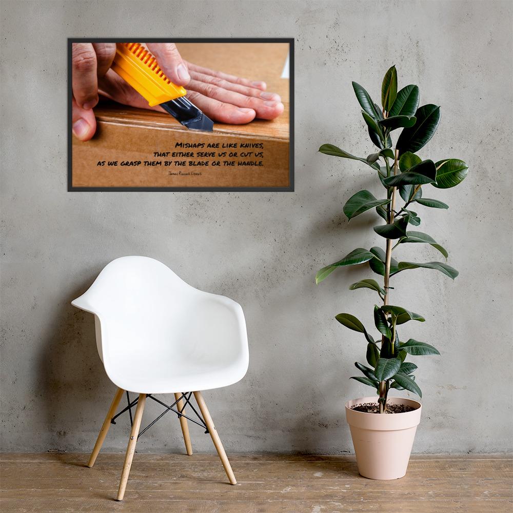 A workplace safety poster showing a close-up of hands opening a box using a boxcutter with a safety quote below the hands.