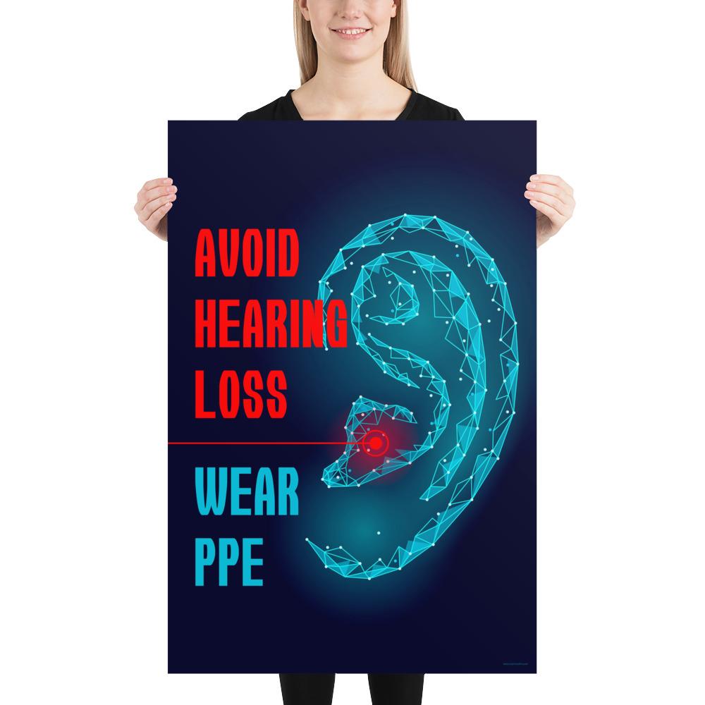 An ear safety poster depicting a geometric illustration of a glowing ear with a glowing red point inside the ear, as if it's been damaged, with a safety slogan to the left.