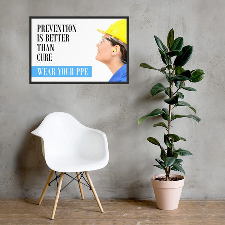 A safety poster showing a close-up of a worker wearing safety glasses, a hard hat, and earplugs with the slogan prevention is better than cure, wear your PPE.