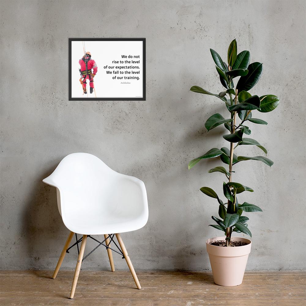 A safety poster showing a worker performing a controlled descent while wearing a fall protection harness on a bright white background with a quote from Archilochus to the right.