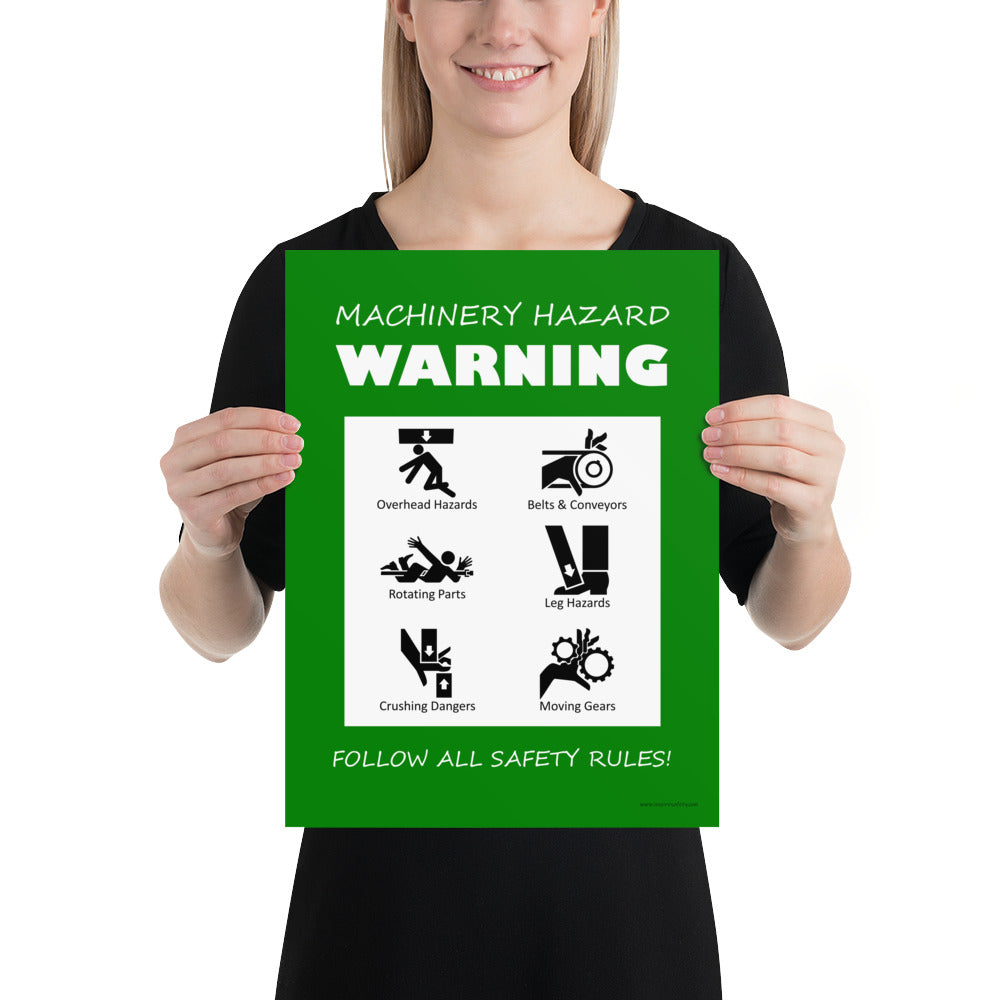A green machinery hazard warning sign with infographics of 6 various possible injuries.