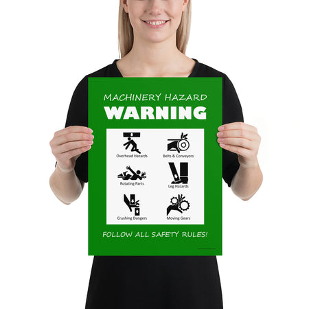 A green machinery hazard warning sign with infographics of 6 various possible injuries.