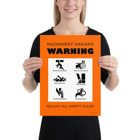 An orange machinery hazard warning sign with infographics of 6 various possible injuries.