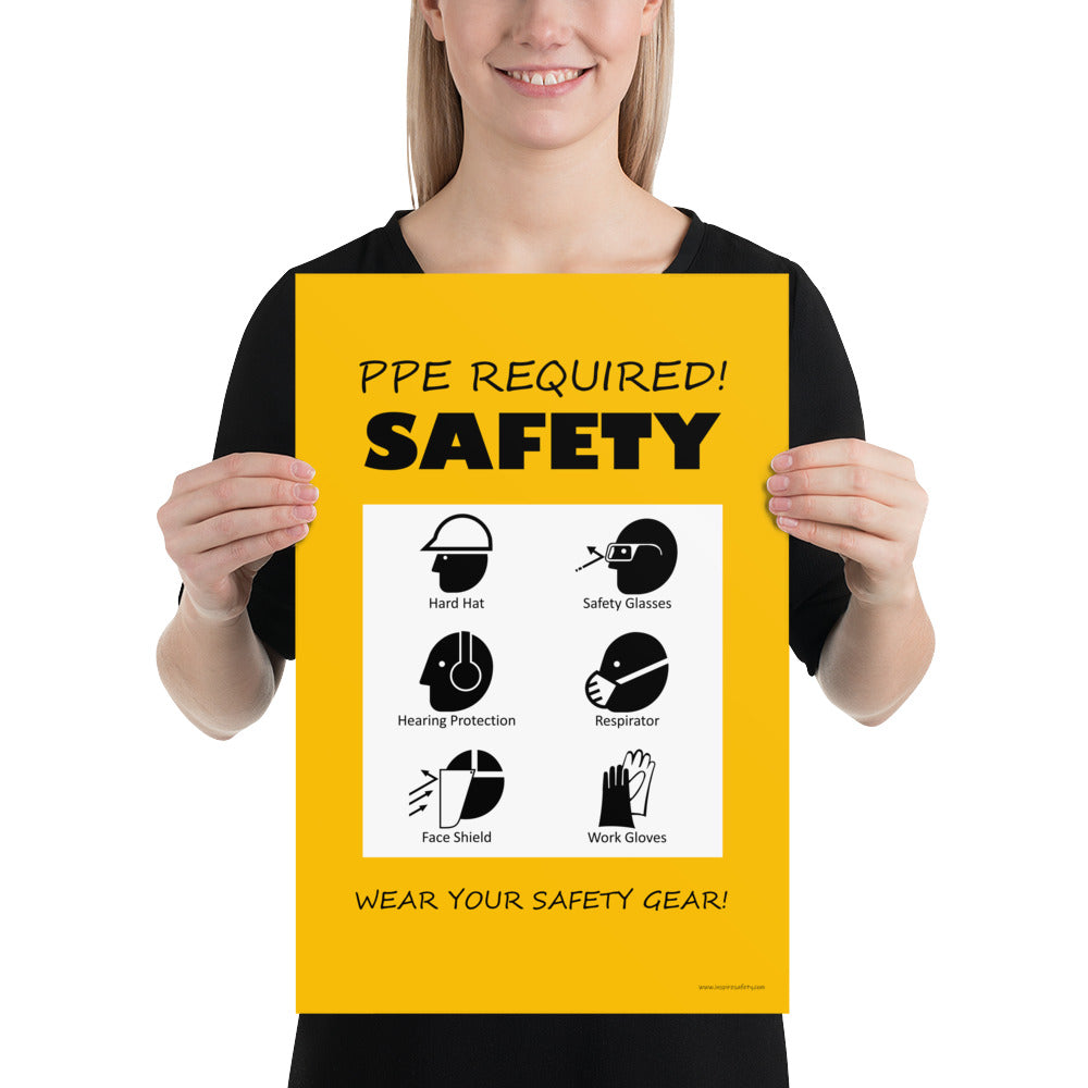 A safety poster that says "PPE Required! Safety, Wear Your Safety Gear!" with infographic icons on a bright yellow background.