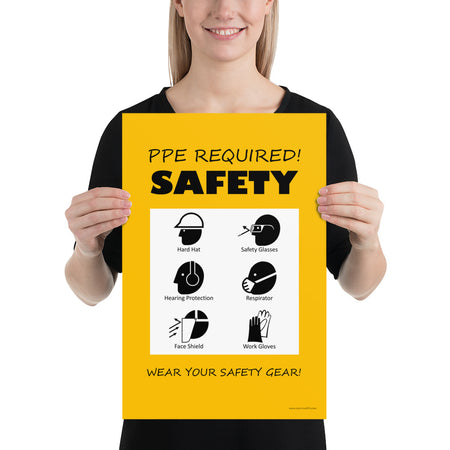 A safety poster that says "PPE Required! Safety, Wear Your Safety Gear!" with infographic icons on a bright yellow background.