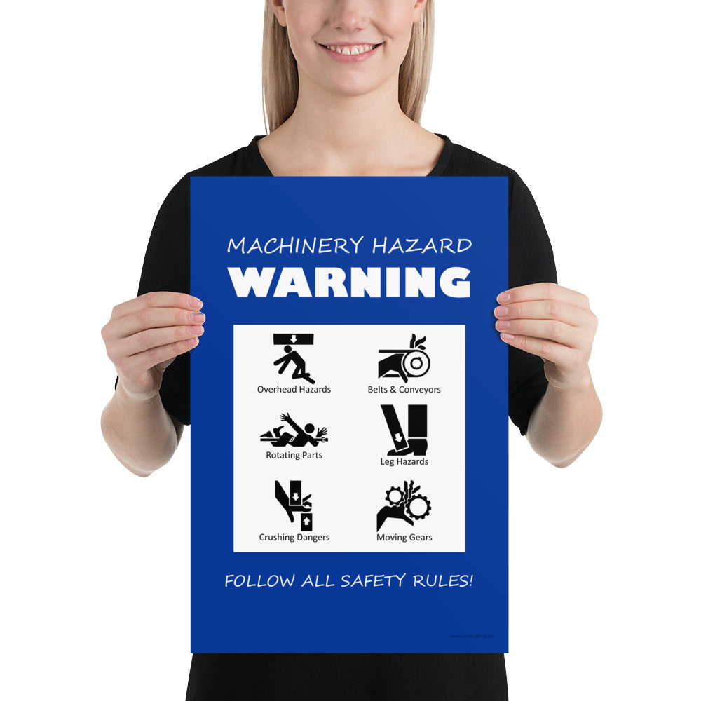 A blue machinery hazard warning sign with infographics of 6 various possible injuries.
