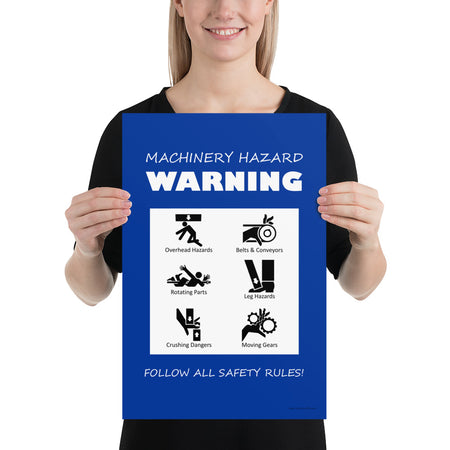 A blue machinery hazard warning sign with infographics of 6 various possible injuries.