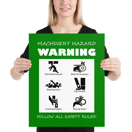 A green machinery hazard warning sign with infographics of 6 various possible injuries.
