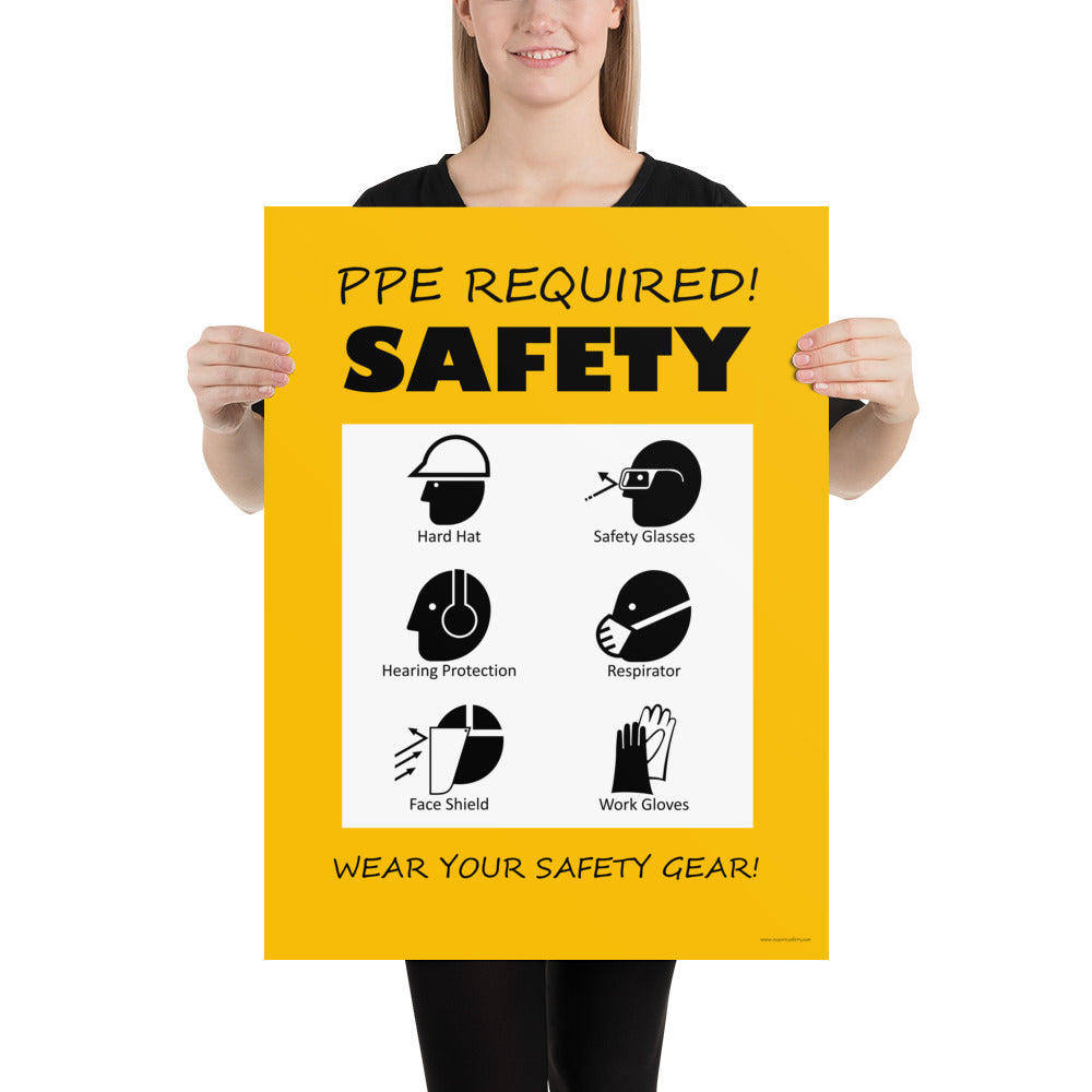 A safety poster that says "PPE Required! Safety, Wear Your Safety Gear!" with infographic icons on a bright yellow background.