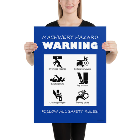A blue machinery hazard warning sign with infographics of 6 various possible injuries.