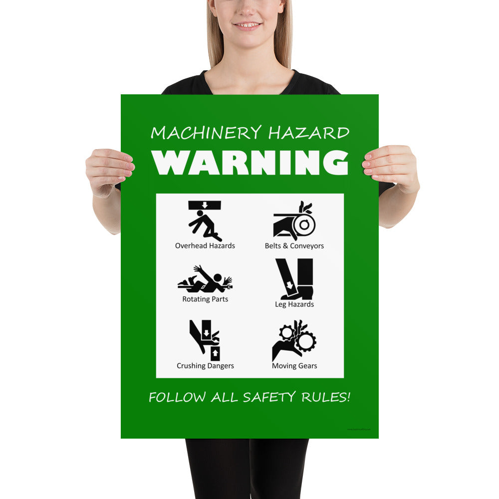 A green machinery hazard warning sign with infographics of 6 various possible injuries.