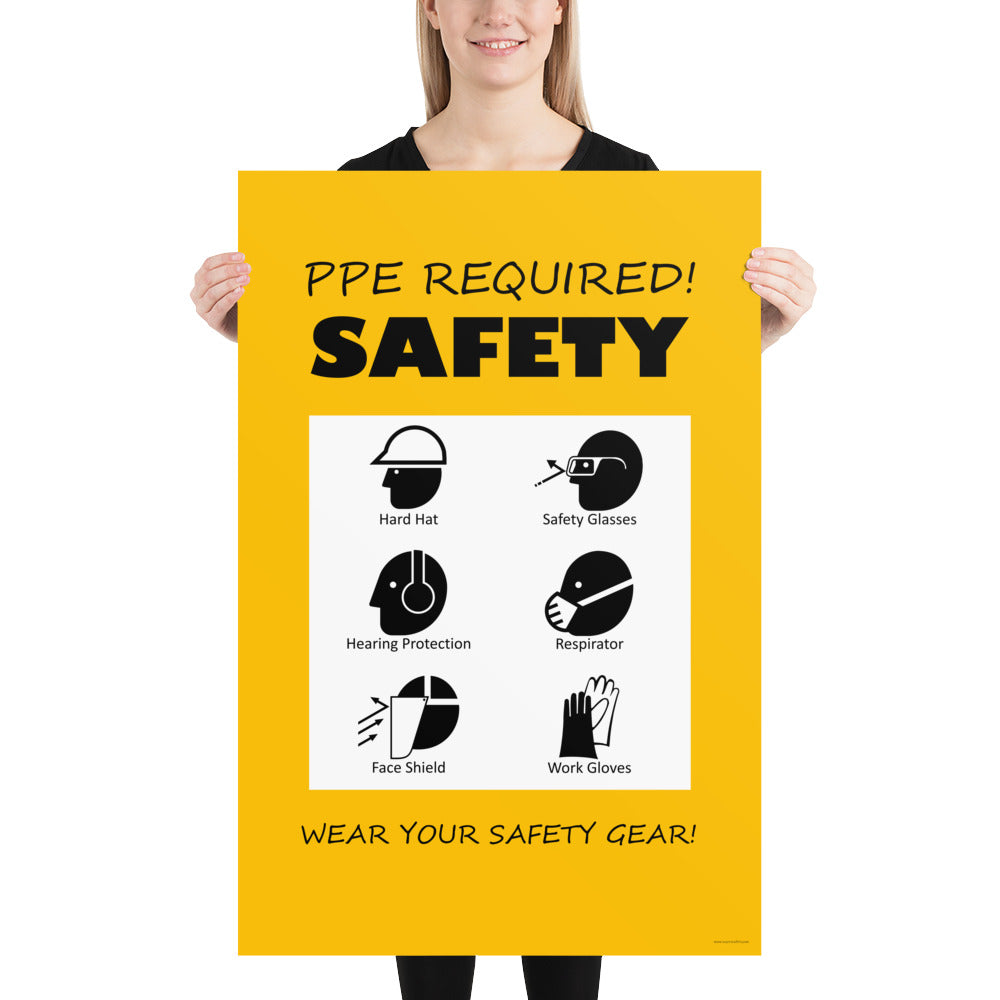 A safety poster that says "PPE Required! Safety, Wear Your Safety Gear!" with infographic icons on a bright yellow background.