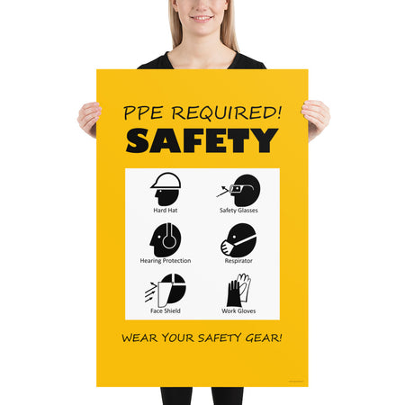 A safety poster that says "PPE Required! Safety, Wear Your Safety Gear!" with infographic icons on a bright yellow background.