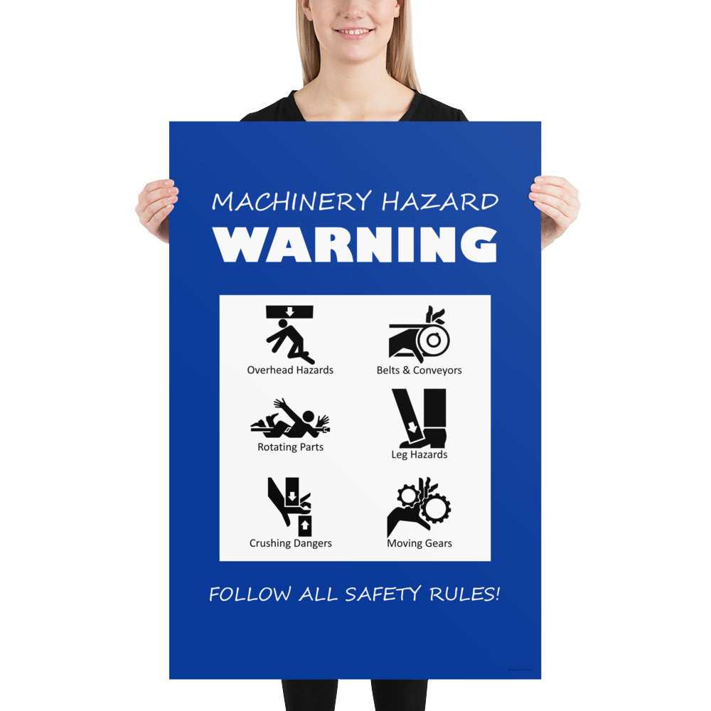 A blue machinery hazard warning sign with infographics of 6 various possible injuries.